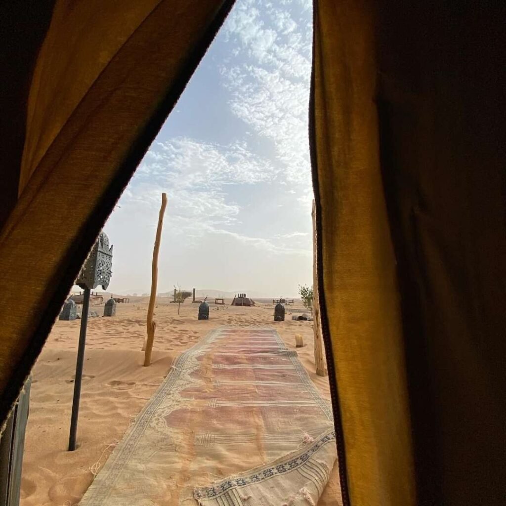 View from inside a tent at a desert camp on 5 Days Tour from Marrakech to Merzouga