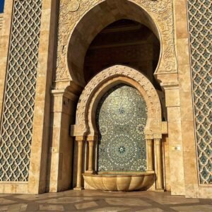Ornate fountain at the Hassan II Mosque, a highlight on a 10 Days Tour from Casablanca.