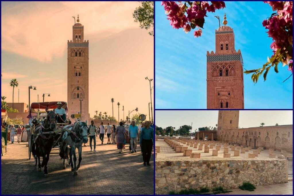 Koutoubia Mosque, a historic place to see in Marrakech, known for its iconic minaret and stunning Almohad architecture.