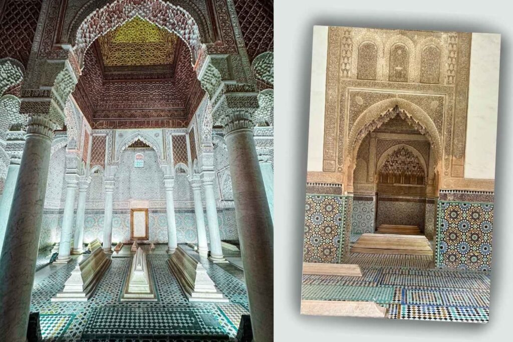 The Saadian Tombs, a historic place to see in Marrakech, known for their intricate marble carvings, stunning stucco work, and rich history, located near the Kasbah Mosque in the Medina.